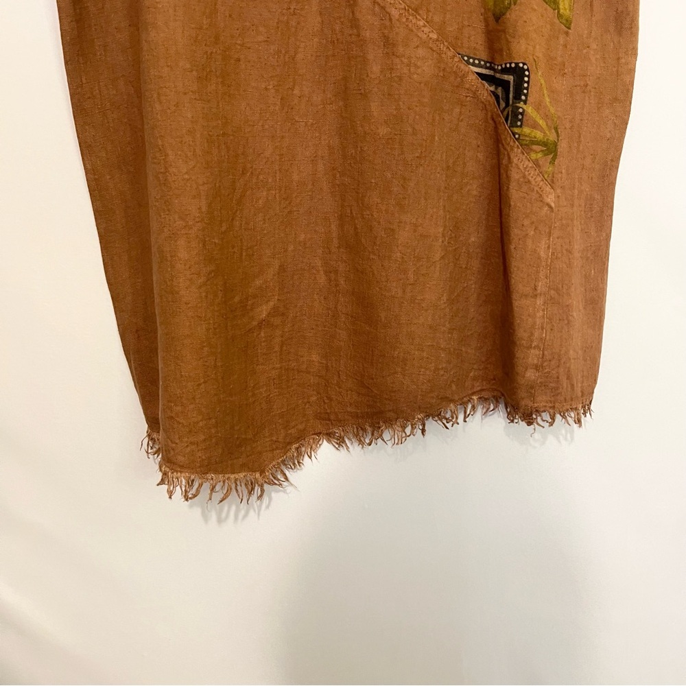 Women’s Tan Linen Skirt Palm Tree Leopard Flower Fringe Large Asymmetrical - Picture 4 of 9